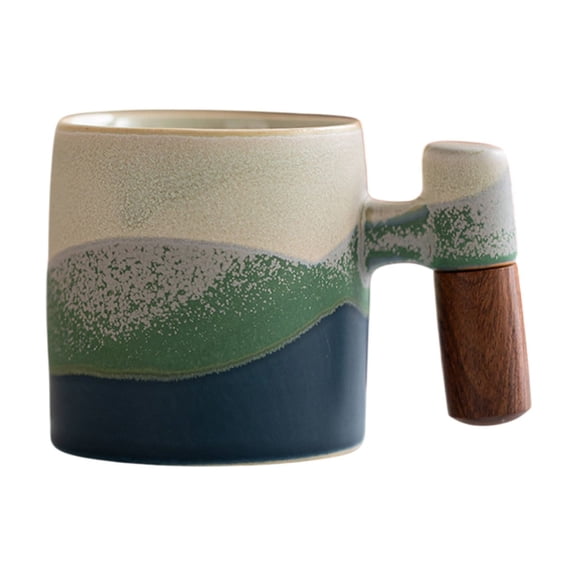 A Rough Pottery Mini Tea Cup With Wooden Grip Handle Coffee Mug Sea Theme Gradient Glaze For Home Cafe Decor Gift Style A 3X2Inch