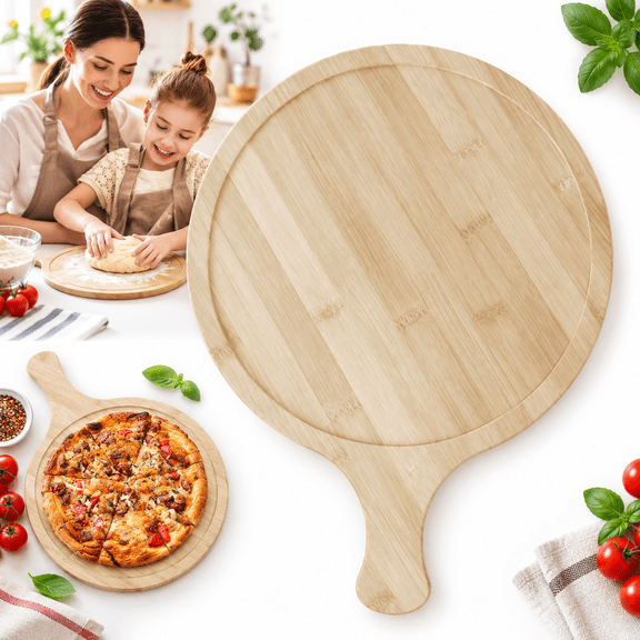 Small Round Bamboo Cutting Board with Handle, 5.9in Pizza & Snack Serving Board for Cheese, Fruit, Bread & Charcuterie, Beige