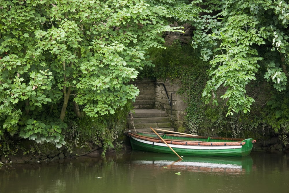 A Row Boat Roped At Some Stairs Along The Shore Warkworth Northumberland England Canvas Art - John Short Design Pics (19 x 12)