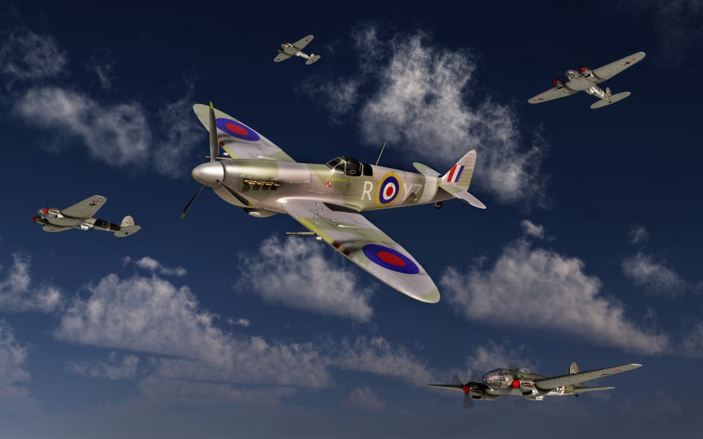 A Royal Air Force Supermarine Spitfire attacking German Heinkel He 111 bombers Canvas Art - Mark StevensonStocktrek Images (18 x 12)