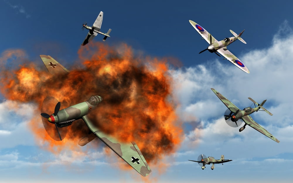 A Royal Air Force Supermarine Spitfire attacking German Stuka dive bombers Canvas Art - Mark StevensonStocktrek Images (36 x 23)