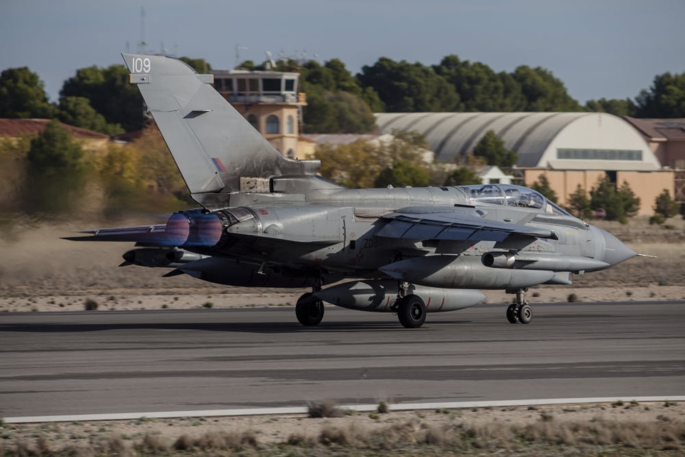 A Royal Air Force Tornado GR4 taking off from Albacete Air Base Spain Canvas Art - Timm ZiegenthalerStocktrek Images (34 x 23)