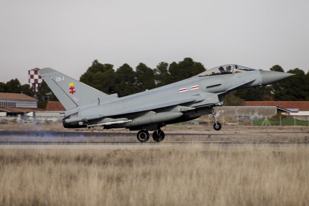 A Royal Air Force Typhoon fighter plane landing in Albacete Spain Canvas Art - Timm ZiegenthalerStocktrek Images (34 x 23)