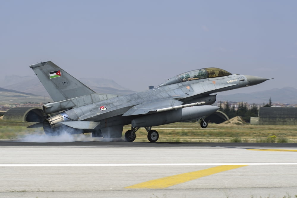 A Royal Jordanian Air Force F-16BM landing on the runway Canvas Art - Daniele FaccioliStocktrek Images (34 x 23)