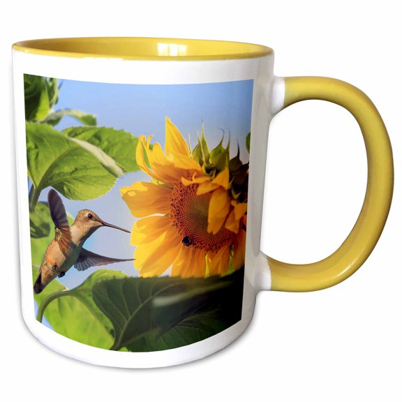 3drose, a Ruby-throated Hummingbird and Carpenter Bee Enjoying a Sunflower., 11oz Two-tone Yellow Mug