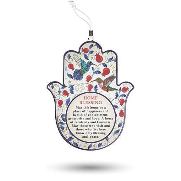 A&S Mezuzot Hamsa Wall Decor Evil Eye Charm Protection Amulet Home/Business Good Luck Charms in English/Hebrew Blessings (Red Pomegranate, Hebrew Blessings - Business)