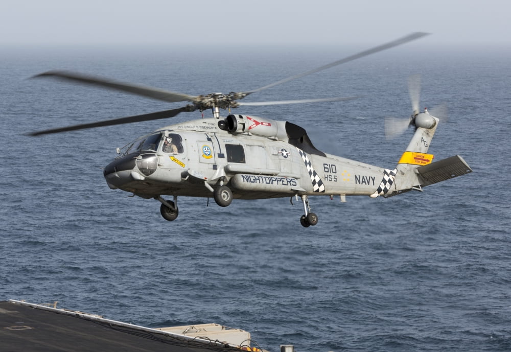 A SH-60J Seahawk during a vertical replenishment in the Arabian Sea Canvas Art - Gert KromhoutStocktrek Images (34 x 24)