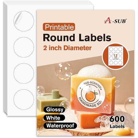 A-SUB 2 Inch Round Label Stickers for Inkjet or Laser Printer, Waterproof Glossy White, 600 Bulk Printable Circle Stickers for Custom Logo, Thank You Labels