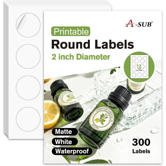 A-SUB 2 Inch Round Label Stickers for Inkjet or Laser Printer, Waterproof Matte White, 300 Printable Circle Stickers for Custom Logo, Thank You Labels