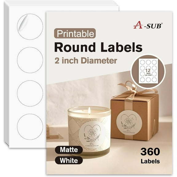 A-SUB 2" Round Label Stickers for Inkjet or Laser Printer, Matte White, 360 Printable Circle Stickers for Custom Logo, Thank You Labels
