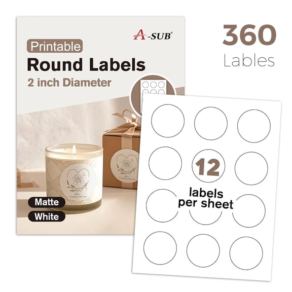 A-SUB Round Label 2 inch for Inkjet and Laser Printers, Matte White, 360 Ct Printable Circle Stickers for Custom Logo, Thank You Labels, Canning Jar Labels