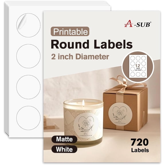 A-SUB 2" Round Label Stickers for Inkjet or Laser Printer, Matte White, 720 Bulk Printable Circle Stickers for Custom Logo, Thank You Labels