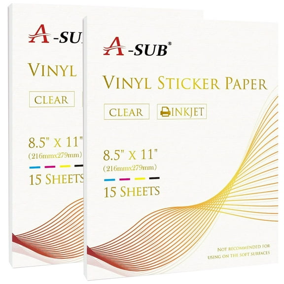 A-SUB Clear Vinyl Sticker Paper for Inkjet Printers - 30 Sheets Waterproof Stickers Paper Bulk 8.5x11 Inch