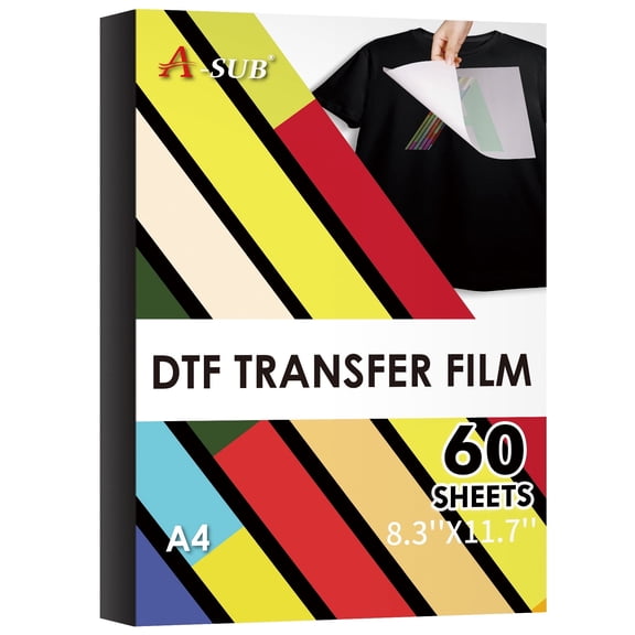 A-SUB DTF Film A4, 60 Sheets Clear Heat Transfer Paper for DTF / Sublimation Printers , 8.3" x 11.7" ,Hot or Cold Peel