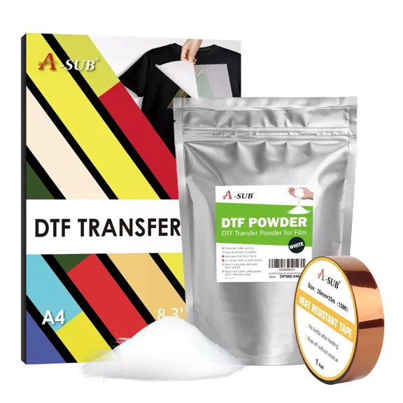 A-SUB DTF Starter Kit for Sublimation, 30 Ct DTF Transfer Film A4 + 1.1lb DTF Powder White + Sublimation Heat Transfer Tape
