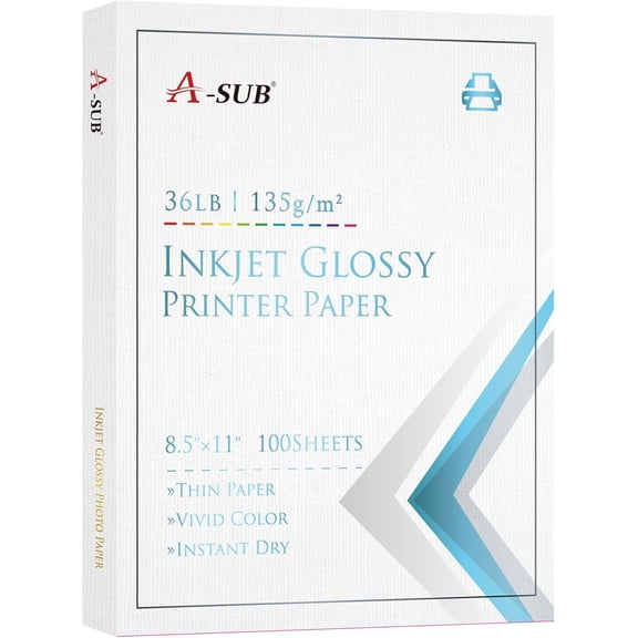 A-SUB Glossy Thin Photo Printer Paper 8.5x11 Inch 36lb 135gsm Single-Side Print for Inkjet Dye Ink 100 Sheets