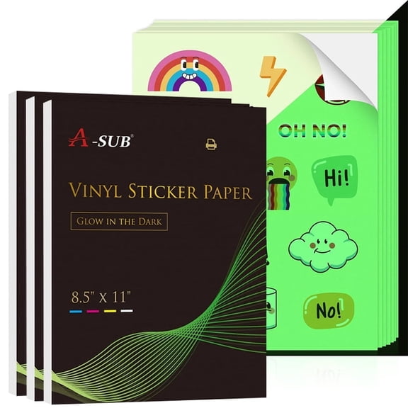 A-SUB Glow In The Dark Vinyl Sticker Paper for Inkjet Printers Waterproof , Durable, Cutable, 8.5x11 inch , 15 Sheets