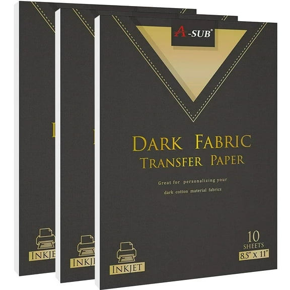 A-SUB Inkjet Printable Iron On Heat Transfer Paper for Dark Fabrics 30 Sheets 8.5x11 Inch DIY Cotton T-shirts Totes Bags