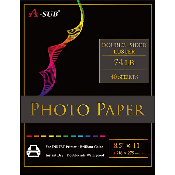 A-SUB Premium Double Sided Luster Photo Paper 8.5 x 11 Inch, 74lb Soft Glossy Picture Paper for Inkjet Printers 40 Sheets , Waterproof, Long-lasting Professional RC Photo Paper