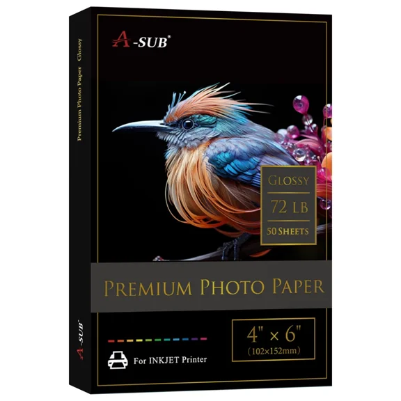 A-SUB Premium Glossy Photo Paper 4X6, 72lb 260gsm,50 Sheets, 12Mil Professional Picture Paper for Inkjet Printers Epson,Canon,HP