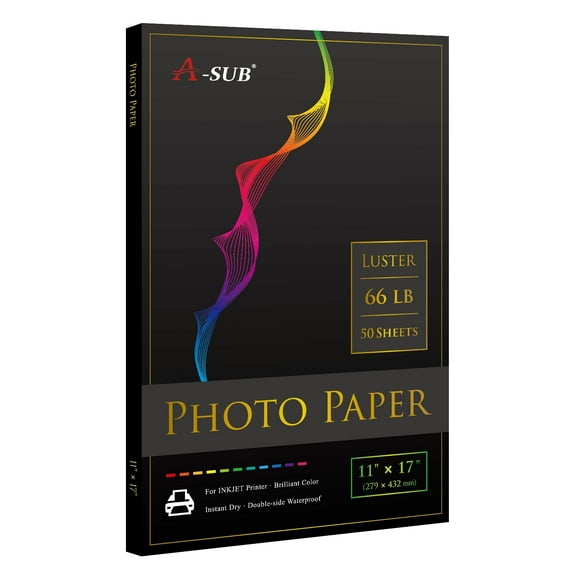 A-SUB Premium Luster Photo Paper 11x17 inch for Inkjet Printers 66lb Fineart Paper, 250gsm 50 Sheets, Water-resistant Compatible with Canon, HP, Epson Printers