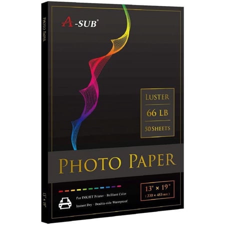 A-SUB Premium Luster Photo Paper 13x19 inch for Inkjet Printers 66lb Fineart Paper, 250gsm 50 Sheets, Water-resistant Compatible with Canon, HP, Epson Printers