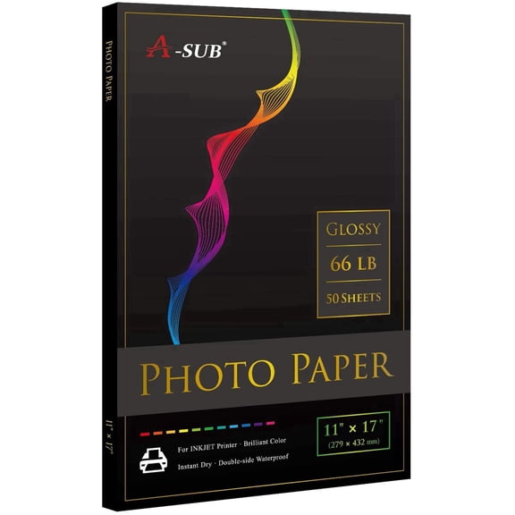 A-SUB Premium Photo Paper High Glossy 11x17 Inch 66lb Heavyweight Waterproof Photo Paper for Inkjet Printers 50 Sheets