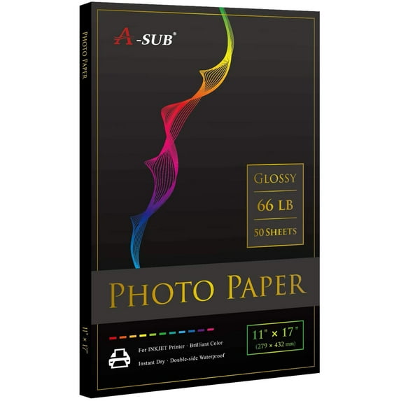 A-SUB Premium Photo Paper High Glossy 11x17 Inch 66lb Heavyweight Waterproof Photo Paper for Inkjet Printers 50 Sheets