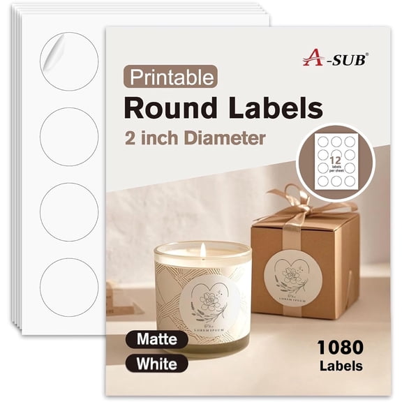 A-SUB Printable Round Label 2 inch for Inkjet and Laser Printers, Matte White, 1080 Ct Circle Stickers for Custom Logo, Thank You Labels, Decals