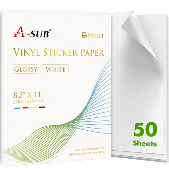 A-SUB Printable Vinyl Sticker Paper 8.5"x11" Waterproof, Glossy White, 50 Ct, for Inkjet Printers