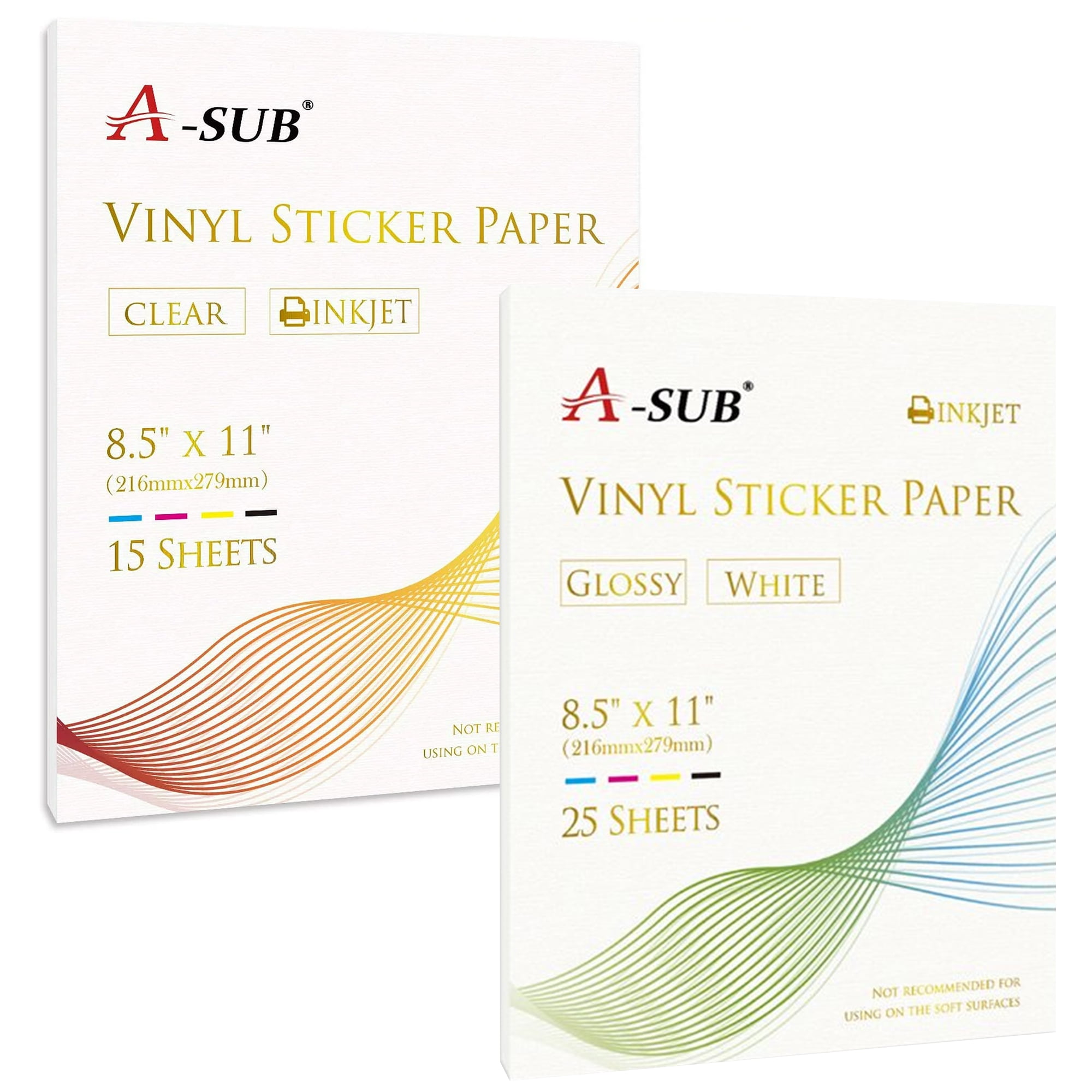 A-SUB Printable Vinyl Sticker Paper Bundle - Glossy White and Clear Sticker Paper for Inkjet ...