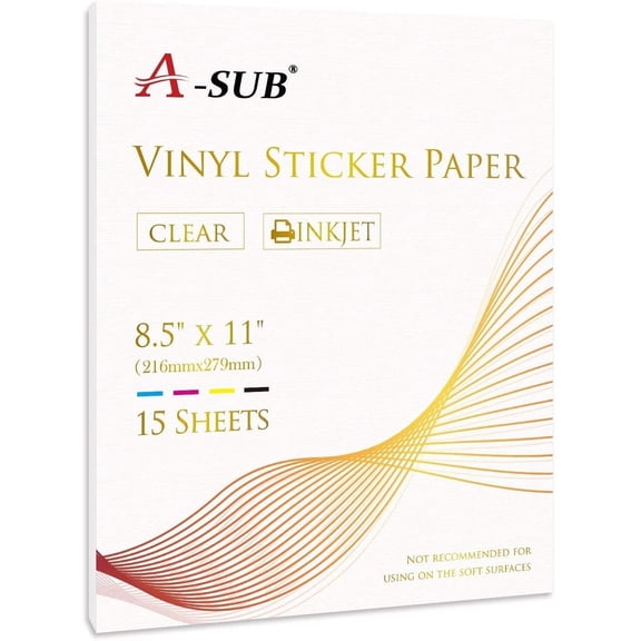 A-SUB Printable Vinyl Sticker Paper Clear 8.5" x 11" for Inkjet Printers, Waterproof, 95% Transparency Sticker Paper 15 Sheets,
