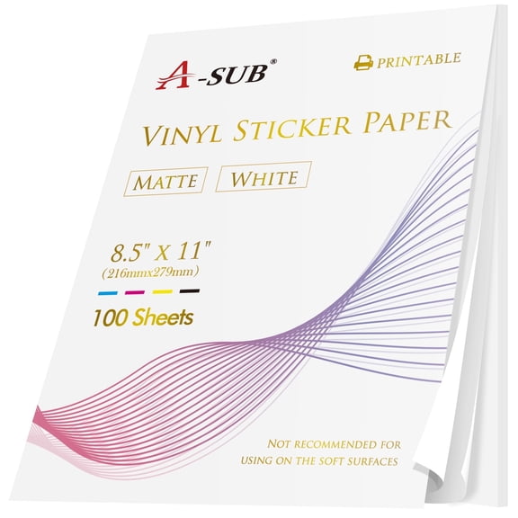 A-SUB Printable Vinyl Sticker Paper for Inkjet Printer, Matte White, 100 Sheets, Bulk Waterproof Sticker Paper 8.5x11, Revomable, Durable ,Cutable