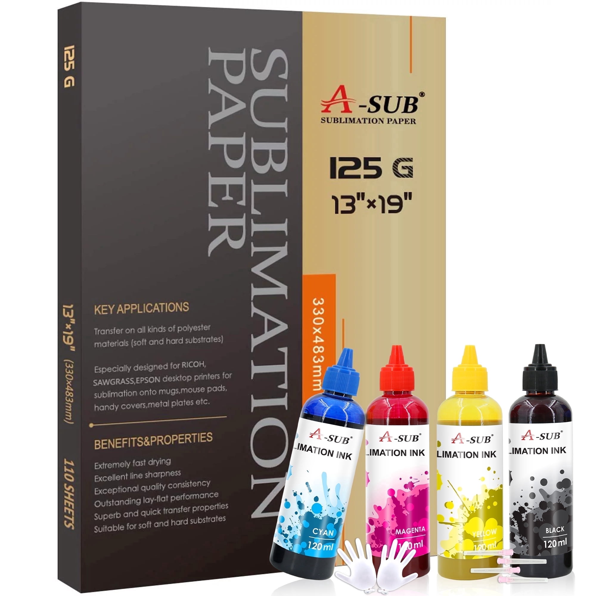 Bundle Kit I 110 Sheets A-SUB Sublimation Paper 125g 13x19 + 480ML A-SUB Sublimation Ink for All Inkjet Printers Heat Transfer, ET-2400 2803 2800 4800 WF ST-2000 SC F170 etc