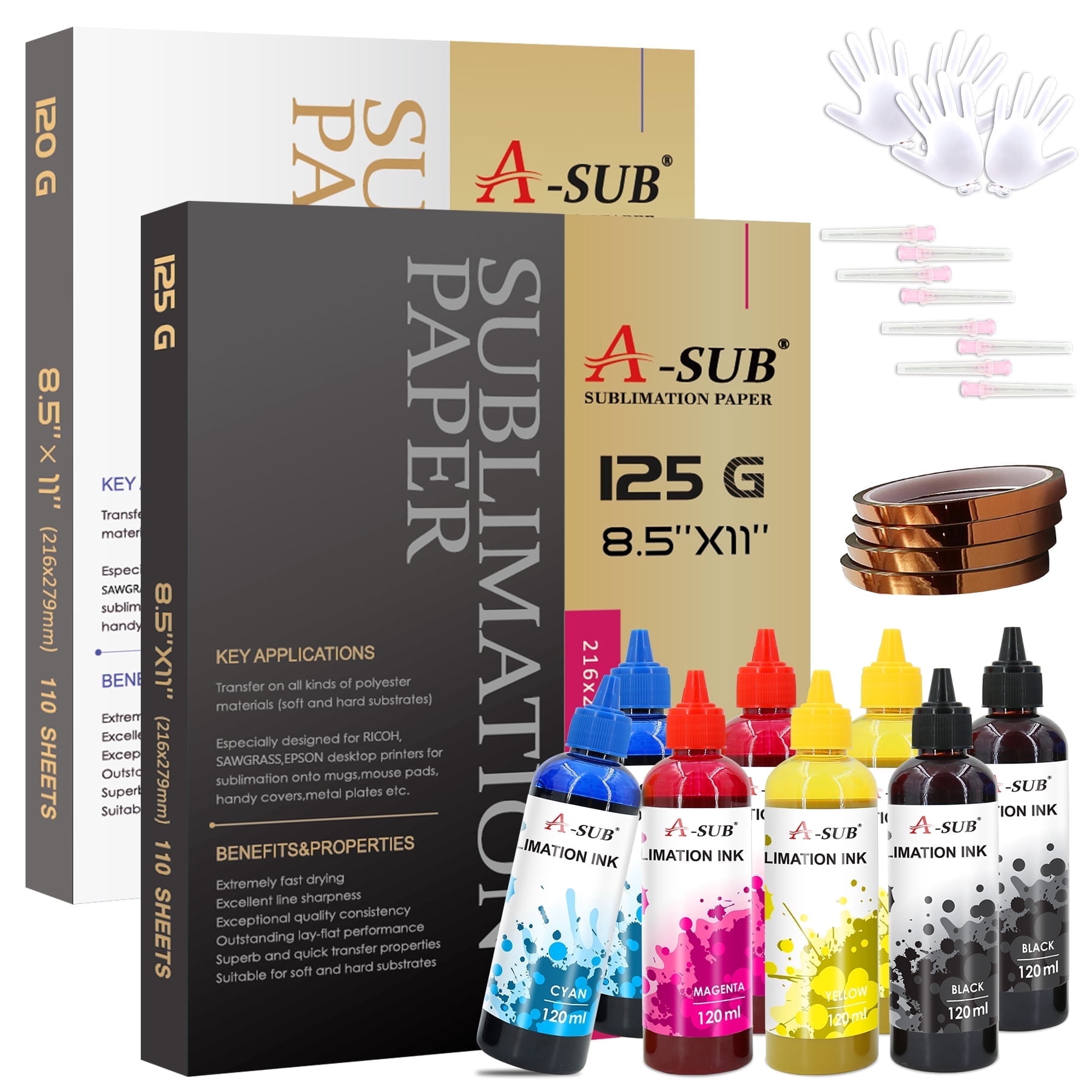 Kit - A-SUB 8.5x11 Sublimation Heat Transfer Paper 220 Sheets+ Sublimation Ink for  Inkjet Printers + Heat Resistant Tapes
