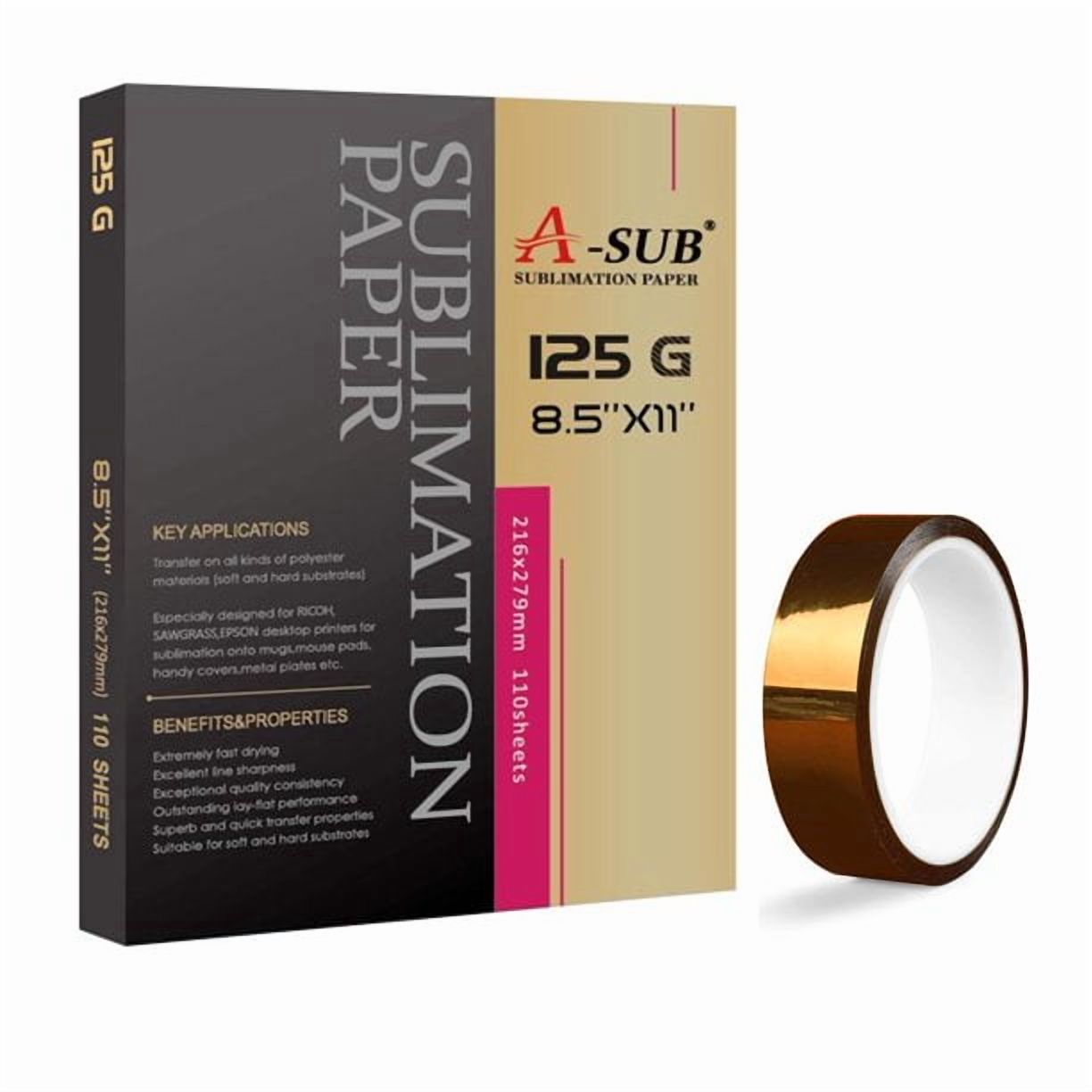 A-SUB Sublimation Paper 8.5x11 110 Sheets 125g + Heat Resistant Tape 25mm x 108ft , Sublimation Tape， High Temp Tap, Kapton Polyimide Tape