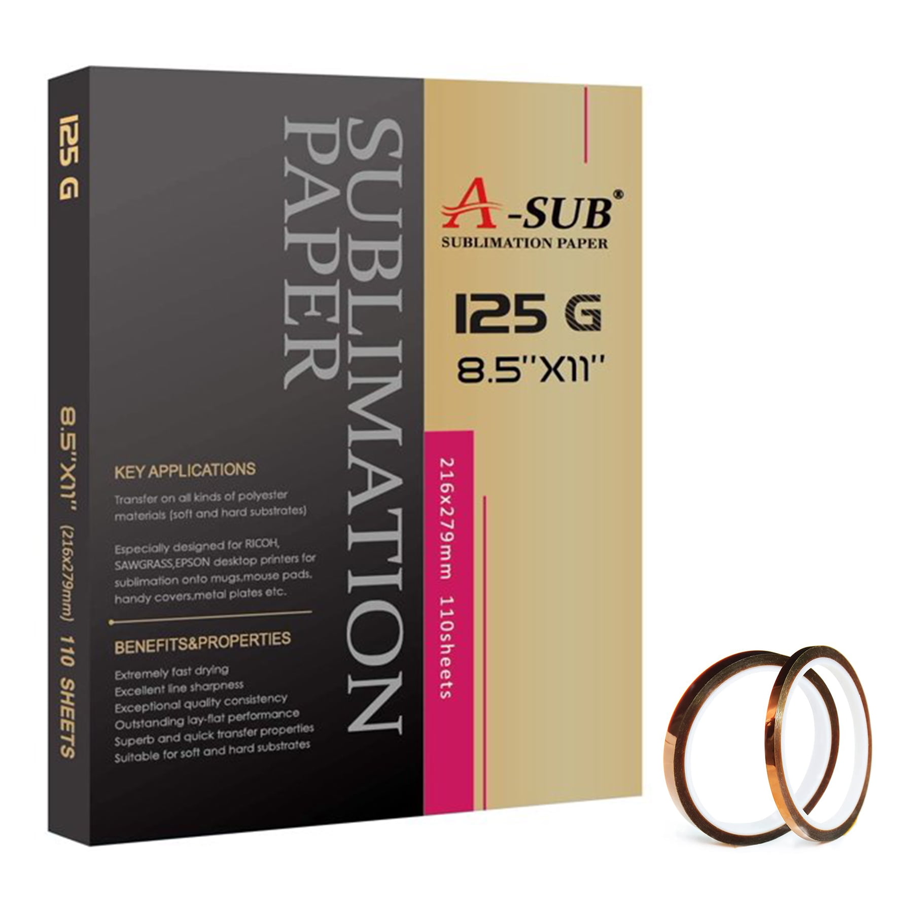 A-SUB Sublimation Paper 8.5x11 110 Sheets + 2 Rolls Heat Resistant Tape 10mm, No Residue, Sublimation Tape, 108ft
