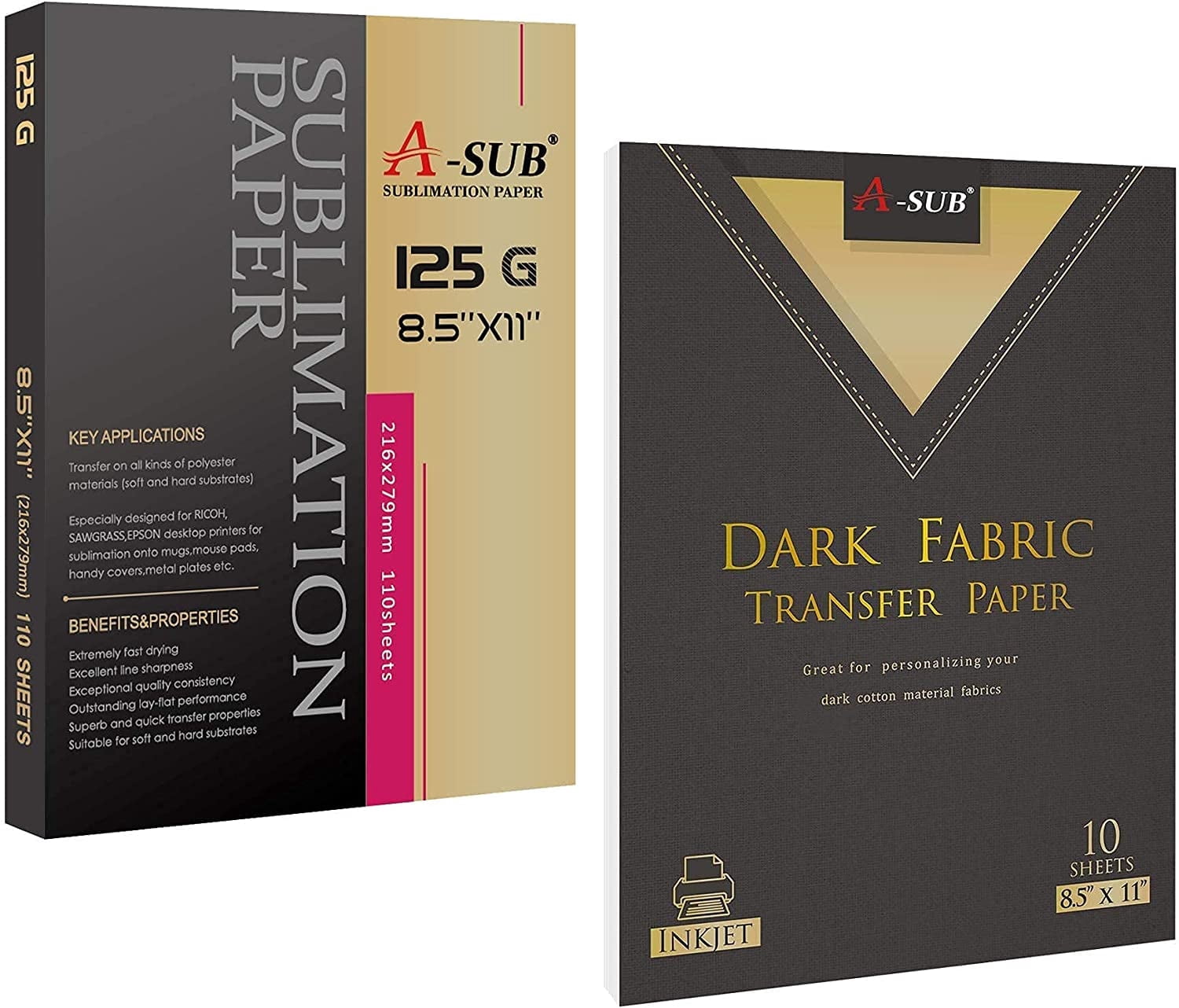 A-SUB Sublimation Paper 8.5x11 125g 110 Sheets and 10 Sheets A-SUB Dark Cotton Fabric Iron-on Heat Transfer Paper