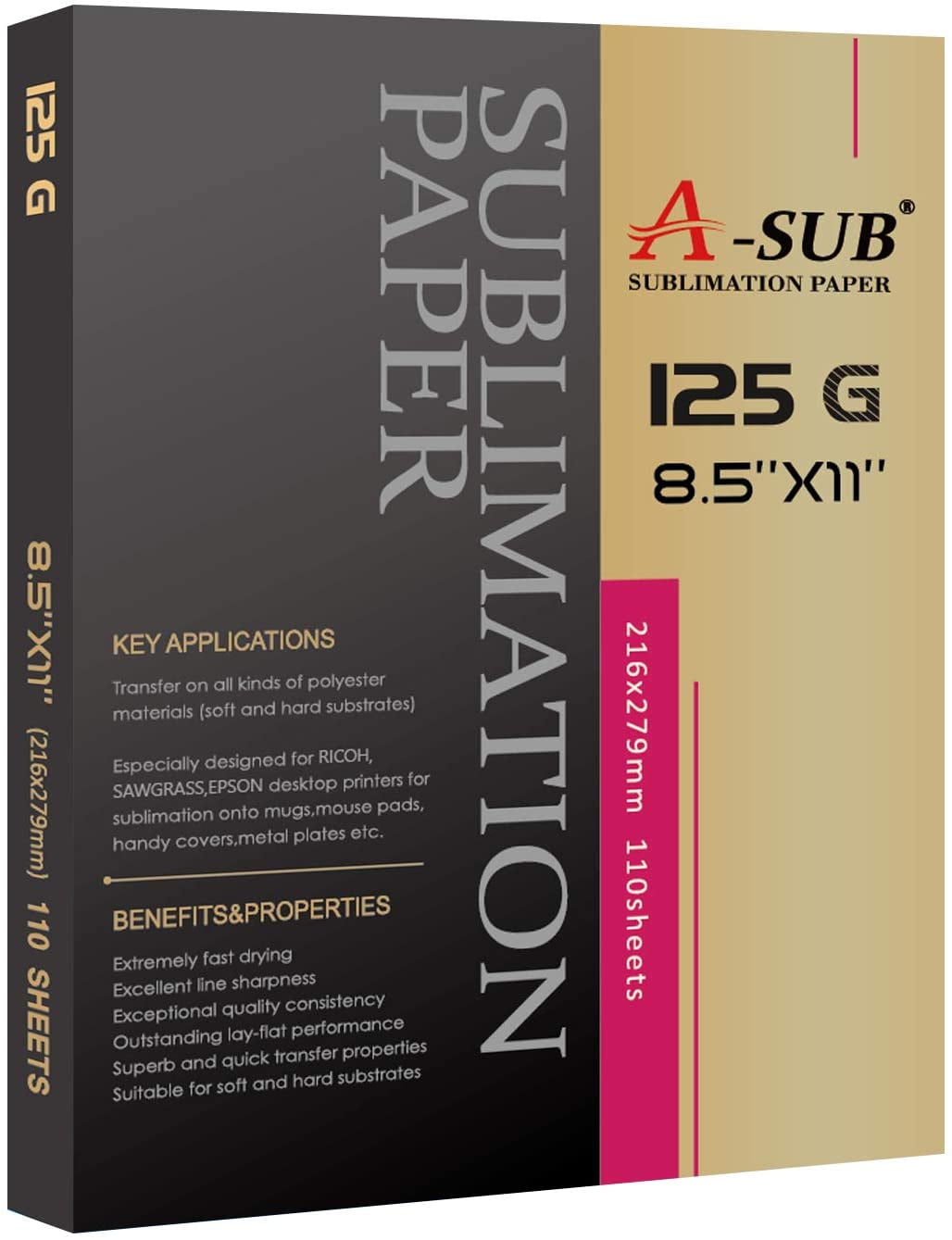 A Sub Sublimation Paper 8.5x11 inch 110 Sheets for Any Inkjet Printer which Match Sublimation Ink 125g
