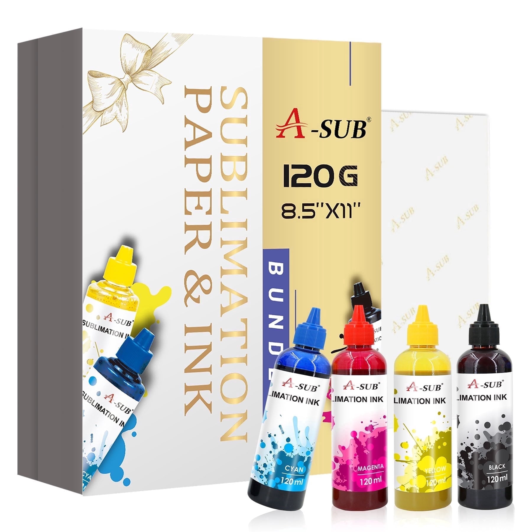 A-SUB Sublimation Paper and Ink Bundle Kit - 8.5x11 Inch Sublimation Paper 120g + 480ML A-sub Sublimation Ink for All Inkjet Printers DIY Holiday Gifts