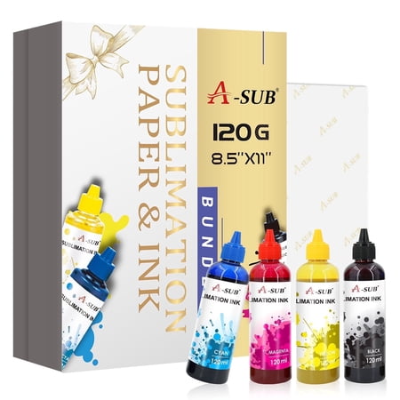 A-SUB Sublimation Paper and Ink Bundle Kit - 8.5x11 Inch Sublimation Paper 120g + 480ML A-sub Sublimation Ink for All Inkjet Printers DIY Holiday Gifts