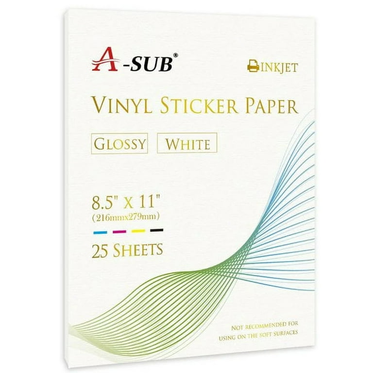 A-SUB Waterproof Printable Glossy Vinyl Sticker Paper, 25-Sheet 