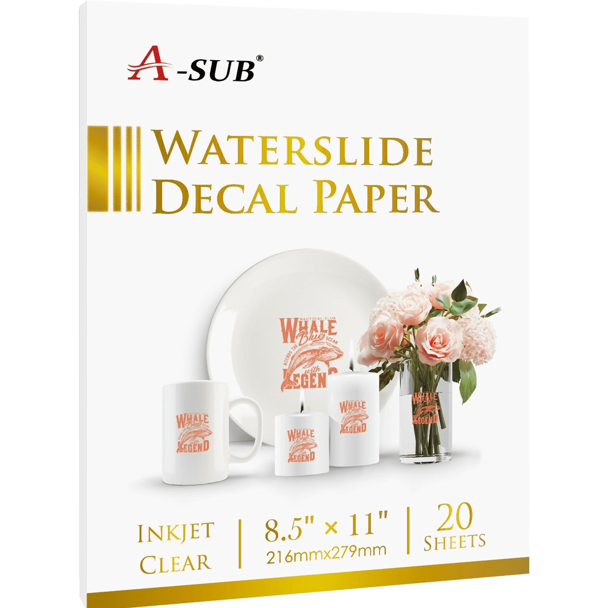 A-SUB Waterslide Decal Paper for Inkjet Printers 20 Sheets Clear Water Slide  Transfer Paper 8.5x11 in for DIY Tumbler, Mug, Glass Decals 