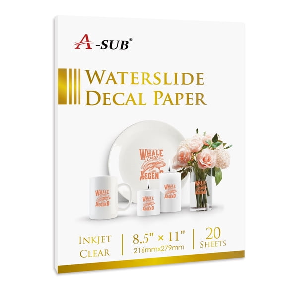 A-SUB Waterslide Decal Paper for Inkjet Printers, 20 Sheets, Clear Water Slide Transfer Paper 8.5x11 in for DIY Tumbler, Mug, Glass Decals