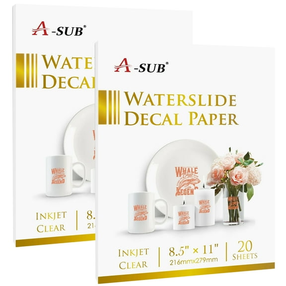 A-SUB Waterslide Decal Paper for Inkjet Printers, 40 Sheets, Clear Water Slide Transfer Paper 8.5x11 in for DIY Tumbler, Mug, Glass Decals