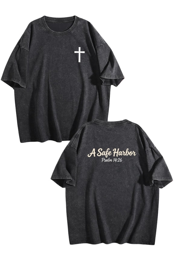 A Safe Harbor Slogan Graphic Washed Vintage Short Sleeve Casual T-shirts