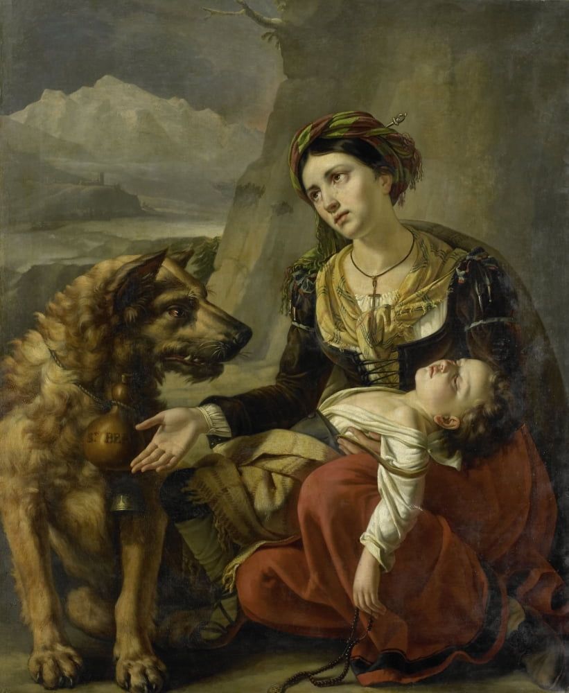 A Saint Bernard Dog Comes To The Aid Of A Lost Woman With A Sick Child Canvas Art - (18 x 24)
