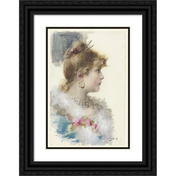 A. Salanti 14x18 Black Ornate Wood Framed Double Matted Museum Art Print Titled - Bust of a Young Woman, in Profile to the Right (1800 - 1892)