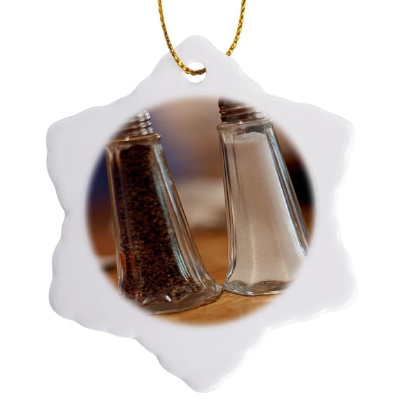 3drose, a Salt and Pepper Shaker at a Restaurant Shot Close up and at an Angle on the Table, 3 inch Snowflake Porcelain Ornament