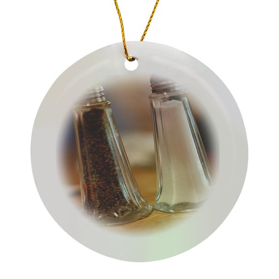3drose, a Salt and Pepper Shaker at a Restaurant Shot Close up and at an Angle on the Table, Circle Porcelain Ornament